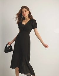 V Neck Sheer Puff Sleeve Padded Maxi Dress with Draped Asymmetrical Hemline