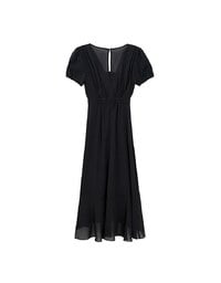V Neck Sheer Puff Sleeve Padded Maxi Dress with Draped Asymmetrical Hemline