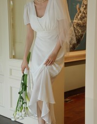 V Neck Sheer Puff Sleeve Padded Maxi Dress with Draped Asymmetrical Hemline