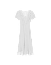 V Neck Sheer Puff Sleeve Padded Maxi Dress with Draped Asymmetrical Hemline