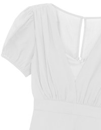 V Neck Sheer Puff Sleeve Padded Maxi Dress with Draped Asymmetrical Hemline