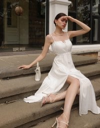 Spaghetti Strap Tassel Front Padded Maxi Dress Featuring Waist Cutouts