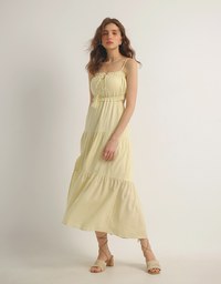 Spaghetti Strap Tassel Front Padded Maxi Dress Featuring Waist Cutouts