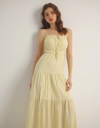 Spaghetti Strap Tassel Front Padded Maxi Dress Featuring Waist Cutouts