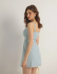 Eyelet Lace Embroidered Padded Mini Dress with Front Ribbon Detail