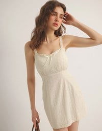 Eyelet Lace Embroidered Padded Mini Dress with Front Ribbon Detail