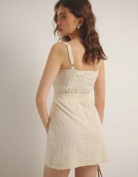 Eyelet Lace Embroidered Padded Mini Dress with Front Ribbon Detail