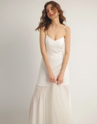 Satin Spaghetti Strap Padded Maxi Dress with Sheer Panel Flare Hem