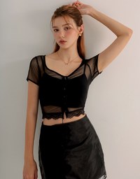Lace Trimmed Sheer Mesh Outer Top with Front Tie Detail and Solid Spaghetti Strap Cami Padded Top Set Wear