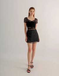 Lace Trimmed Sheer Mesh Outer Top with Front Tie Detail and Solid Spaghetti Strap Cami Padded Top Set Wear
