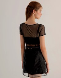 Lace Trimmed Sheer Mesh Outer Top with Front Tie Detail and Solid Spaghetti Strap Cami Padded Top Set Wear
