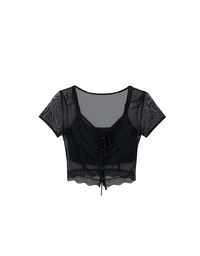 Lace Trimmed Sheer Mesh Outer Top with Front Tie Detail and Solid Spaghetti Strap Cami Padded Top Set Wear