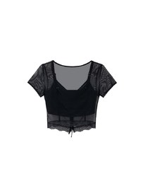 Lace Trimmed Sheer Mesh Outer Top with Front Tie Detail and Solid Spaghetti Strap Cami Padded Top Set Wear