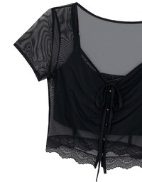 Lace Trimmed Sheer Mesh Outer Top with Front Tie Detail and Solid Spaghetti Strap Cami Padded Top Set Wear
