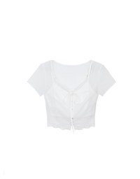 Lace Trimmed Sheer Mesh Outer Top with Front Tie Detail and Solid Spaghetti Strap Cami Padded Top Set Wear