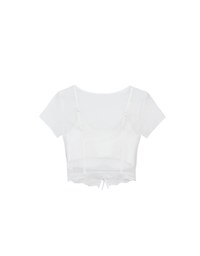 Lace Trimmed Sheer Mesh Outer Top with Front Tie Detail and Solid Spaghetti Strap Cami Padded Top Set Wear