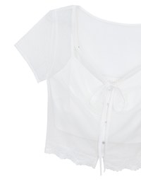 Lace Trimmed Sheer Mesh Outer Top with Front Tie Detail and Solid Spaghetti Strap Cami Padded Top Set Wear