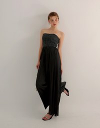 2 Way Tweed Pleated Wide Leg Jumpsuit with Removable Straps
