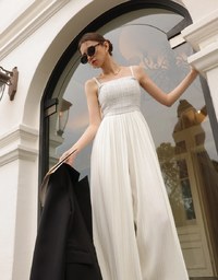 2 Way Tweed Pleated Wide Leg Jumpsuit with Removable Straps