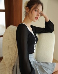 Long Sleeve Sheer Mesh Color Block Knitted Top