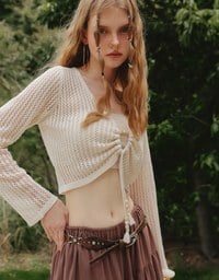 2 Way Ruched Openwork Crochet Knit Cardigan Top with Beaded Tassels