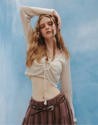 2 Way Ruched Openwork Crochet Knit Cardigan Top with Beaded Tassels