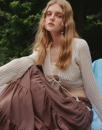 2 Way Ruched Openwork Crochet Knit Cardigan Top with Beaded Tassels