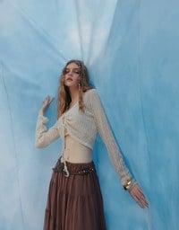 2 Way Ruched Openwork Crochet Knit Cardigan Top with Beaded Tassels