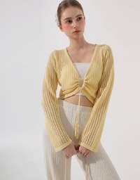 2 Way Ruched Openwork Crochet Knit Cardigan Top with Beaded Tassels