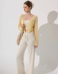 2 Way Ruched Openwork Crochet Knit Cardigan Top with Beaded Tassels