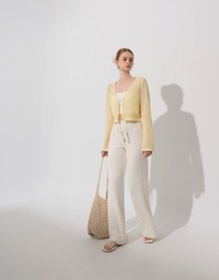 2 Way Ruched Openwork Crochet Knit Cardigan Top with Beaded Tassels
