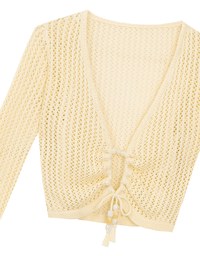 2 Way Ruched Openwork Crochet Knit Cardigan Top with Beaded Tassels