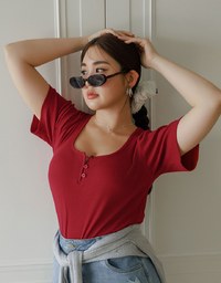 Slim Fit Button Up U Neck Ribbed Crop Top