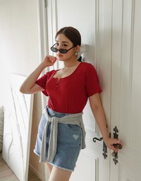 Slim Fit Button Up U Neck Ribbed Crop Top