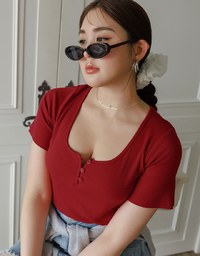 Slim Fit Button Up U Neck Ribbed Crop Top