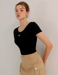 Ribbed Knit Crop Tee with Logo Heart Charm Accent