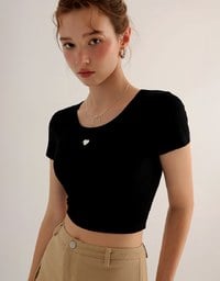 Ribbed Knit Crop Tee with Logo Heart Charm Accent