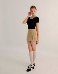 Ribbed Knit Crop Tee with Logo Heart Charm Accent
