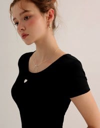 Ribbed Knit Crop Tee with Logo Heart Charm Accent