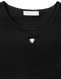 Ribbed Knit Crop Tee with Logo Heart Charm Accent