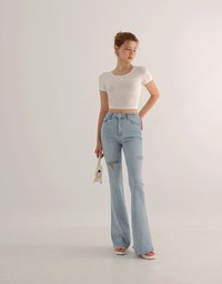 Ribbed Knit Crop Tee with Logo Heart Charm Accent