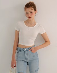 Ribbed Knit Crop Tee with Logo Heart Charm Accent