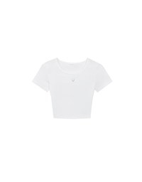 Ribbed Knit Crop Tee with Logo Heart Charm Accent