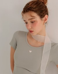 Ribbed Knit Crop Tee with Logo Heart Charm Accent