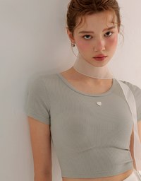 Ribbed Knit Crop Tee with Logo Heart Charm Accent