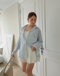 Skin Protection Sheer Button Up Oversized Blouse with Two Flap Pockets