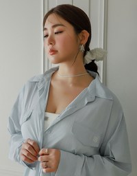Skin Protection Sheer Button Up Oversized Blouse with Two Flap Pockets