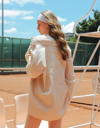 【Lyra & Toby】Embroidery Graphic Oversized Gingham Shirt Blouse