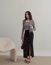 Padded Side Hips Suit Fabric Midi Skirt with Slit Perfect Body Curves