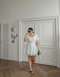 Square Neck Crinkled Texture Puff Sleeve Buttoned Up Mini Dress